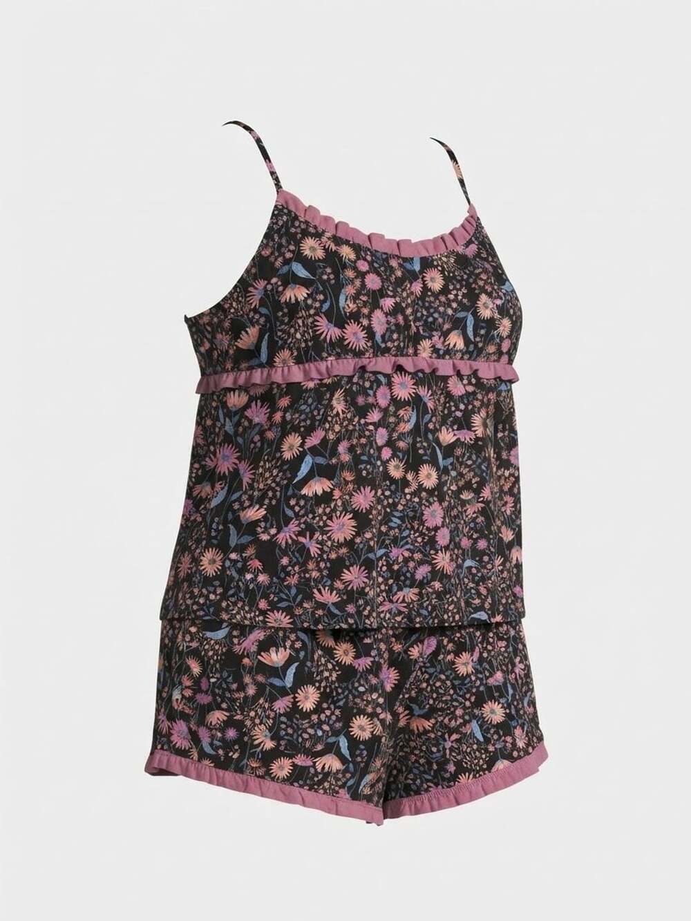 Secret Treasures Floral Ruffle Cami Pajama Set Black Pink 2X
